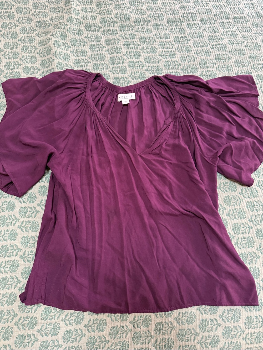 Velvet Deep Plum V-Neck Flutter Sleeve Blouse